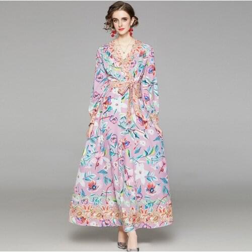 Fashion Runway Spring Long Sleeve Maxi Dress Womens Elegant Loose V-Neck Lace-Up Floral Print Casual Party Holiday Long Dress