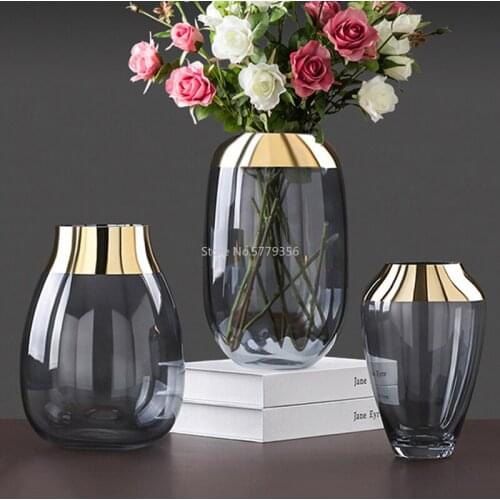 Fashion Gold Foil Flower Vase Figurines Living Room Decor Accessories Glass Flower Vase Ornaments Home Decoration Furnishing