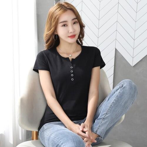 New Summer T-shirt Women 2021 Fashion O-Neck Short Sleeve Easy To Match Small Button Slim Basics Cotton Tops Tees
