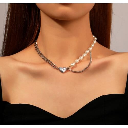 Simple Pearl Splicing Necklace Personality Metal Love Choker Chain Necklace Hip Hop Jewelry Women Gift Wholesale