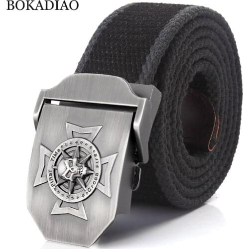 BOKADIAO Men&Women Military Canvas belt luxury waistband Skull Cross Metal buckle jeans belt Army tactical belts for Male strap