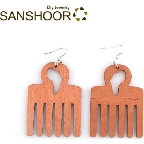 SANSHOOR Afrocentric Wooden Earrings Comb Shape African Map Light Brown Color Pick for Black Woman Lightweight Jewelry 1 Pair