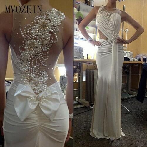 Ivory Spandex Mermaid Evening Dresses 2019 Special Occasion Crystal Pearls Floor Length Elegant Formal Gowns For Women Wear