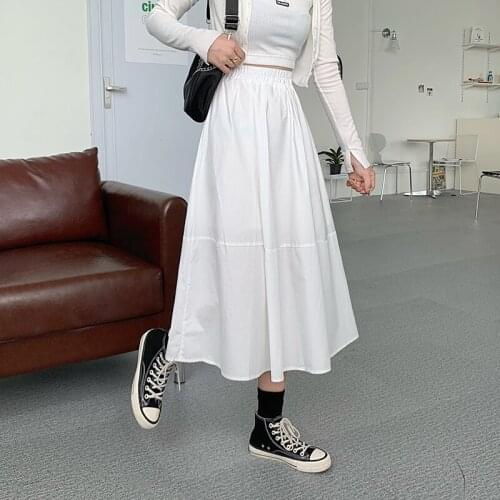 2021 Autumn New Korean Elastic High Waist Thin Simple White Sweet Versatile Casual Temperament Women A-line Skirt Free Shipping