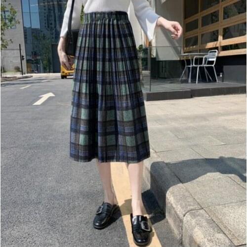 Autumn Winter Woman Retro Fashion Medium and long elegant Red lattice Half-length Skirt Great Pleats A High-waist Fluffy Skirt