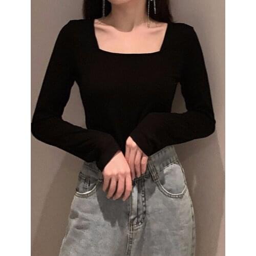 Pullover Solid Sweaters Women New Autumn Winter Korean Square Neck Slim Knitted Sweater Office Lady Long Sleeve Basic Jumper Top