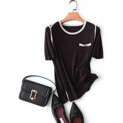 Aliaga womens spring summer new style short sleeve round neck 100% cashmere sweater with pocket