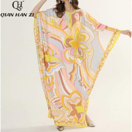 Qian Han Zi 2020 designer fashion loose long dress Womens bat sleeve retro Graphic print knitted Elasticity maxi dress