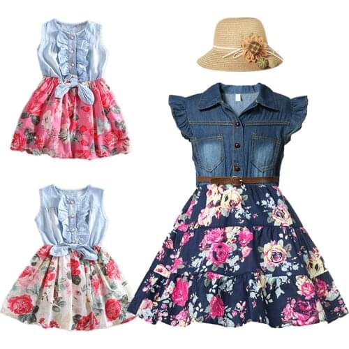 2021 Girls Cowboy Jean Denim Bow Floral Print Dress Summer Clothing Girls Princess Party Clothes Children Fashion Outfit