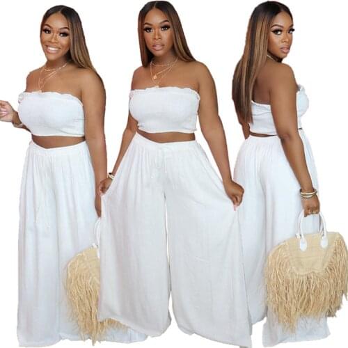 White Summer 2pcs Set Off The Shoulder Strapless Crop Top Trimmed With Agaric Laces And Casual Drawstring Wide Leg Trousers
