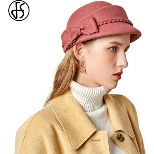 FS Luxury Ladies Winter Church Hats Wool Fedora With Bowknot Braid Elegant French Pueple Black Beret Pillbox Hat