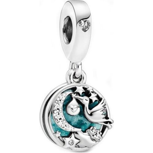 Free Shipping 925 Sterling Silver Stork & Twinkling Stars Dangle Charm Fit Original Pandora Bracelet For Women DIY Jewelry