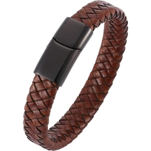 Genuine Leather Bracelet of Men Brown Leather Black Stainless Steel Magnetic Clasp Fashion Bangles Jewelry WristBand Gift BB0020