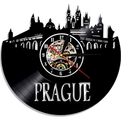 Czech Republic Prague Cityscape Vinyl Record Wall Clock Modern Design Wall Watch Hanging Quiet Decor Travel Prague Skyline