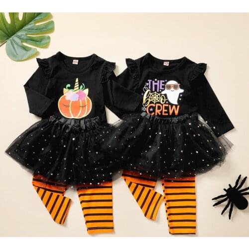 Kids Halloween Clothes Suit Set Spring Autumn Cartoon Patters Print O-Neck Long Sleeve Tops+Mesh Tutu Skirt+Pants 1-4 Years
