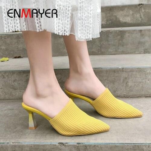 ENMAYER 2020 Spring/Autumn Luxury Shoes Women Designers Sexy Stretch Fabric Outside Thin Heels Pointed Toe Women Slippers 34-43