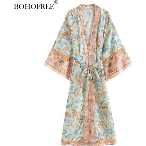 New Rayon Cotton Folk Robes Maxi Hippie Long Duster Belt Bohemian Kimono Jacket Vestidos Wrap Dress Women