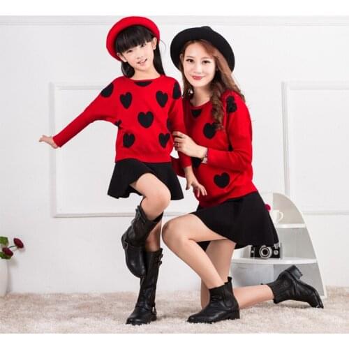 Mommy and Daughter Family Matching Set 2pcs Long Sleeve Collar T-shirt+Short Skirts Mother Daughter Heart Print Tops Clothing