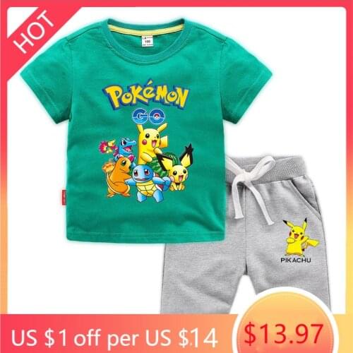 Pokemon Go Girls Boys Clothes Set Summer Kids Tshirt Pants Casual Sport Suits 2pcs Pikachu Tracksuit Outfits Childrens Clothes