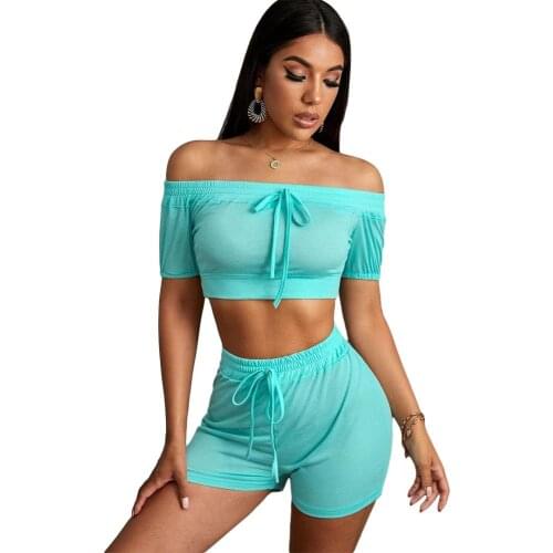 Solid Color Two Piece Set Off Shoulder Crop Top and Slim Shorts Set Matching Set Tracksuit Loungewear Casual Daily Suits S-XXL