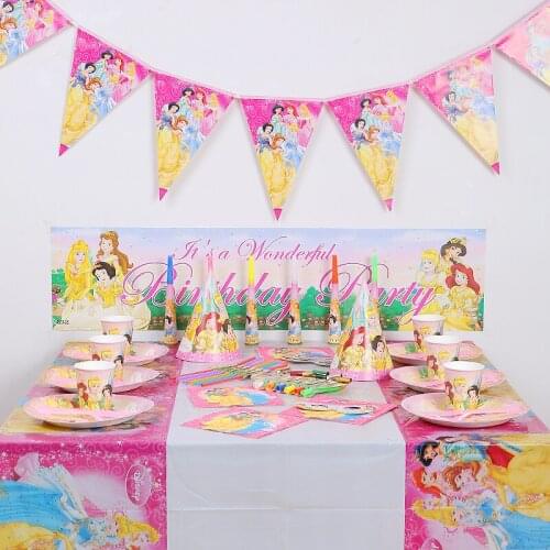 Disney princess crown Birthday kids Party Decoration Disposable Tableware Paper Plate Cup Flag baby Boy Shower Party Supplies