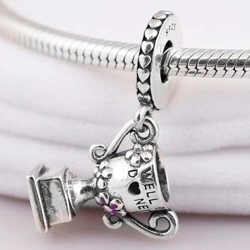 Original Well Done Achievement Trophy With Lilac Flower Pendant Beads Fit 925 Sterling Silver Charm Bracelet Diy Jewelry