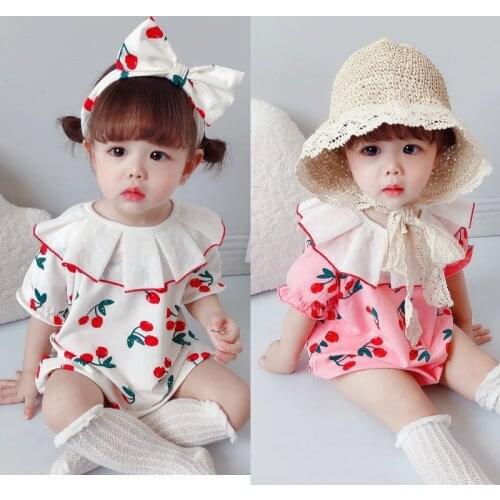 Fashion Summer Sweet Baby Girl Clothes 2 Piece Fruit Cherry Print Ruffles Collar Short Sleeve Baby Bodysuit+bow Headband 0-18M