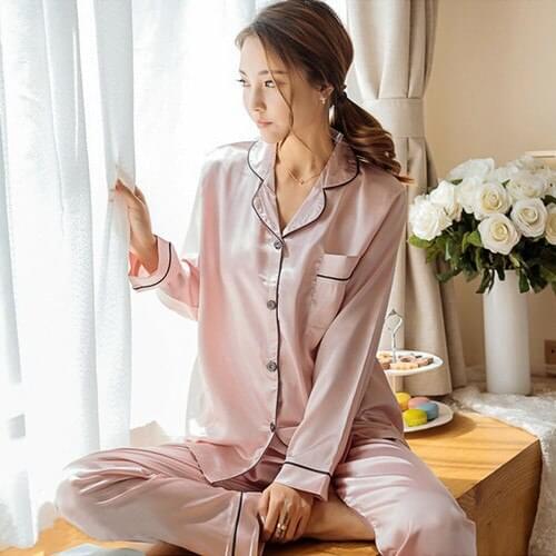 Hot Fashion Striped Single-breasted Long Sleeve Two Piece Sets Women Sleepwear Spring Autumn Loose Silk Satin Pajamas Set