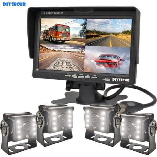 DIYSECUR 7" TFT LCD 4 Split QUAD Rear View Monitor Car Monitor + CCD IR Night Vision Rear View LED HD Camera for Truck Bus RV