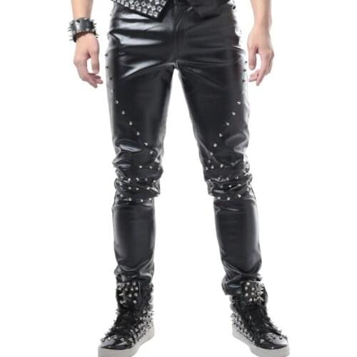 Stage personality rivet men pants casual leather pant men feet trousers singer dance rock fashion pantalon homme punk straight