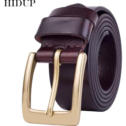 HIDUP Top Quality Copper Pin Buckle Metal Belts Men Retro Style 100% Pure Solid Cow Cowhide Leather Belt Jean Accessories NWJ121