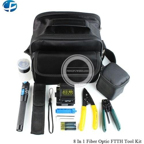8 in 1 Fiber optic Tool kits with AUA-60S Cleaver,3-5MW Visual Fault Locator,Stripper CFS-2/Plier For Miller,Fixed length rail