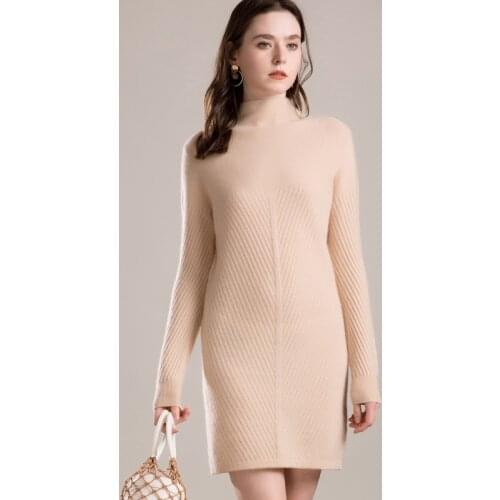 Pure goat cashmere twill knit women high collar mid long pullover sweater dress solid color S/M/L/XL/XXL retail wholesale