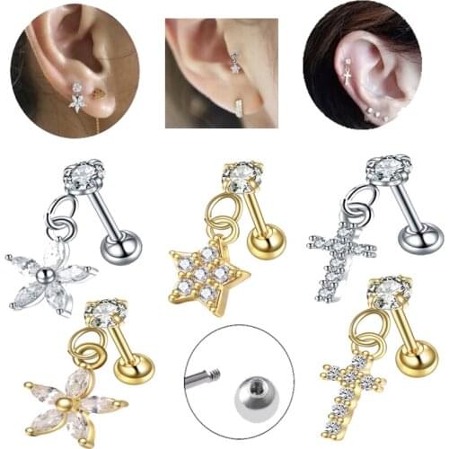 1PS Stainless steel Cz drill Flower Star Heart Crown Cross Dangle Cartilage Ear Helix Tragus Conch Earring stud Piercing Jewelry
