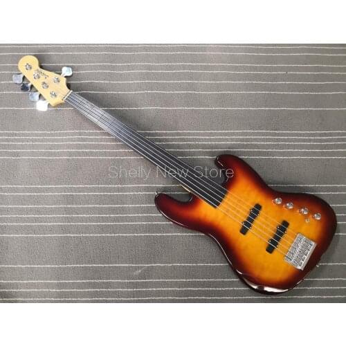 Shelly New Store Custom Sunburst Quilted Maple Top Jazz Alder Body Bass Ebony Fretless 5 String Active Wire Electric Bass Guitar