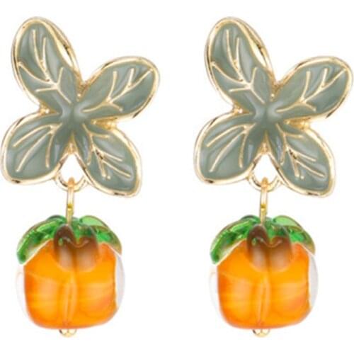 Cute Sweet Enamel Glaze Flower Persimmon Drop Earrings серьги Women Girls Summer Retro Clip Earrings No Pierced Ear Clips Dangle