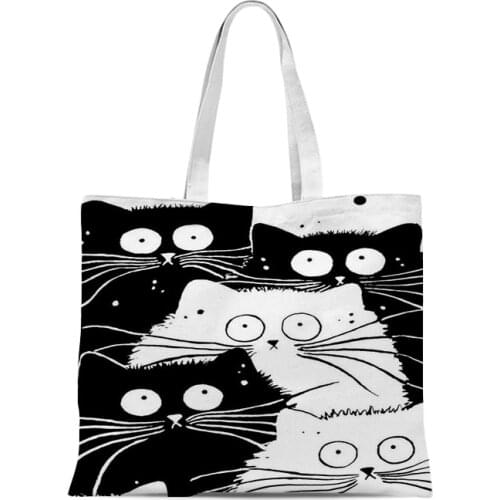 Ins black and white cat cotton and linen handbag fashion shoulder bag leisure ecological shopping high-quality foldable handbag