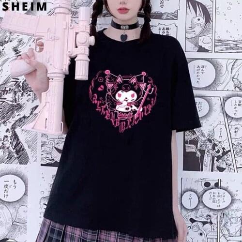 Y2k Cotton Top Japanese Style Harajuku Lolita Girl Sweet Kuromied Oversize Grahic T-shirt Black Wild Womens Tees Tshirt Punk Za