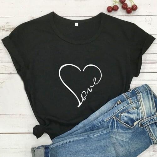 Love Heart Print T Shirt Women Shirts Cotton O Neck Short Sleeve Summer TShirt Tops Black & White Funny T Shirts Ropa Mujer