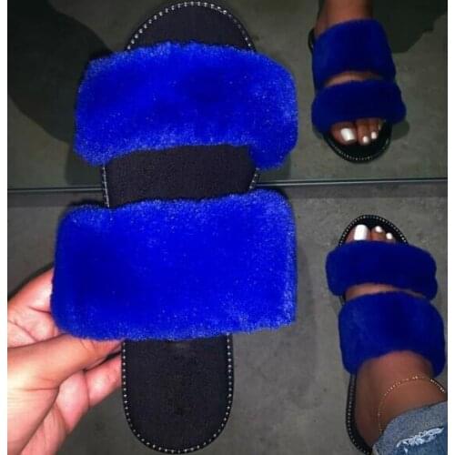 Spring /summer 2020 women home furry slippers non-slip durable sandals outdoor wild fashion beach flat flip flop Fox fur 36-43
