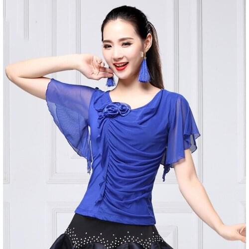 Ballroom Dance Top Mesh Shirts Spanish Flamenco Waltz Wear Woman Standard Dancing Practice Clothes Large Size 5 Colors DNV11923