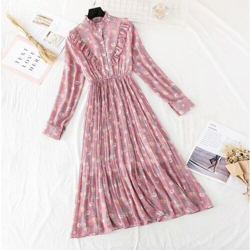 Women Dress 2020 Spring Summer Korean Fashion Vintage Print Chiffon Midi Dress Ladies Elegant Pleated Dresses Clothes