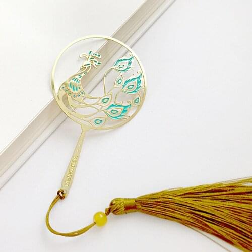 1pc Kawaii Peacock Fan Pendant Bookmark Cute Tassel Metal Pattern Book Mark Page Folder Decor Office School Supplies Stationery