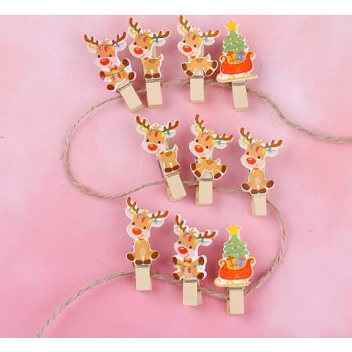 10Pcs Christmas Tree Elk Wooden Clip Photo Paper Postcard Craft DIY Clips