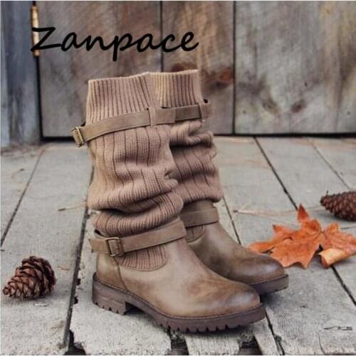 2019 Winter Boots Women Cotton Fabric Leather Shoes Large Size 43 Wool Vintage Buckle Boots Stretch Fabric High Martin Boots