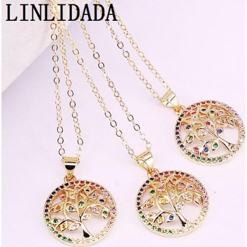 8Pcs Gold Color Pave Multi Rainbow Cz Round with Tree Pendant Metal Necklace Fashion Jewelry Wholesale