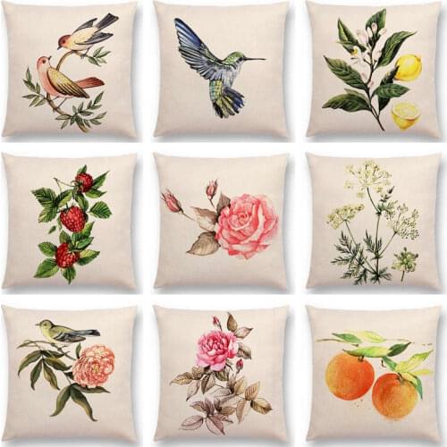 Watercolor Lovely Birds Flowers Plants Hummingbird Rose Raspberries Lemon Dill Clove Almonds Cushion Cover Sofa Pillow Case