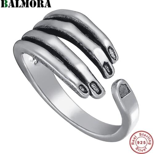 BALMORA 100% 925 Sterling Silver Hands Ring For Women Men Vintage Fashion Open Adjustable Ring Stackable Statement Ring Jewelry