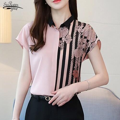 Blusas Mujer De Moda 2021 Summer New Chiffon Shirts Women Floral Print Short Sleeve Blouses Fashion Contrast Color Cardigan 9205