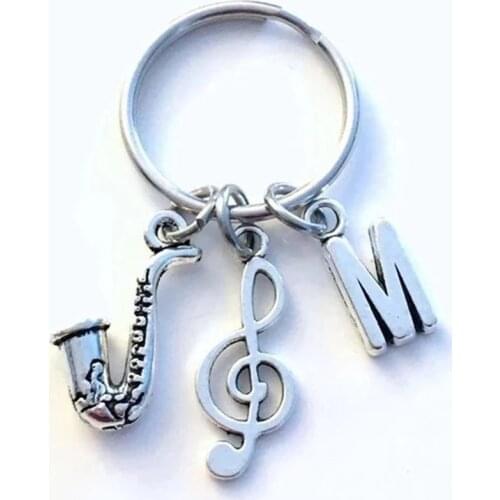 Personality Saxophone Keychain Saxophonist Key chain Gift for Jazz Musician Keyring Sax Present Treble Clef initial Music Charms
